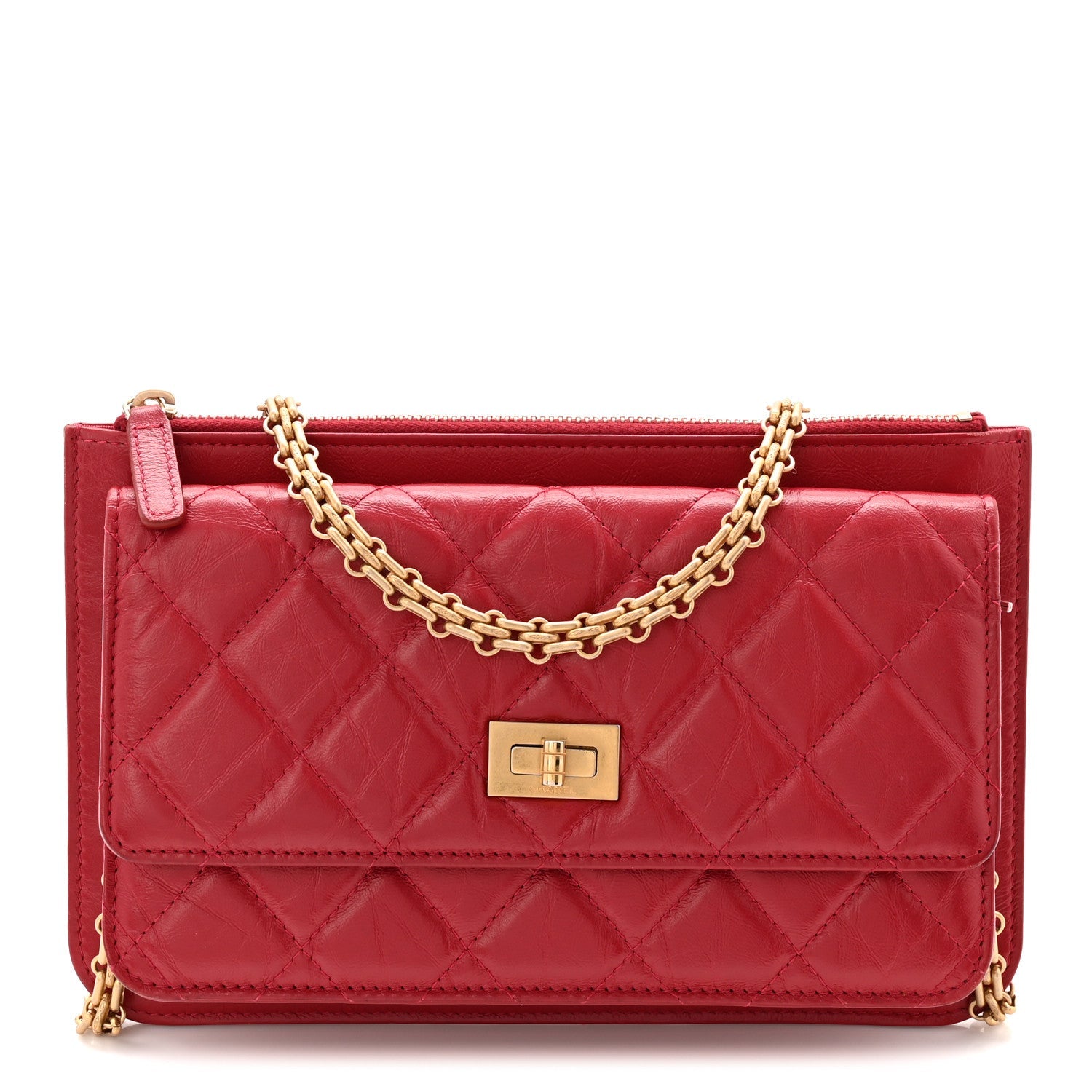 Aged Calfskin Quilted 2.55 Reissue Chain Wallet Red