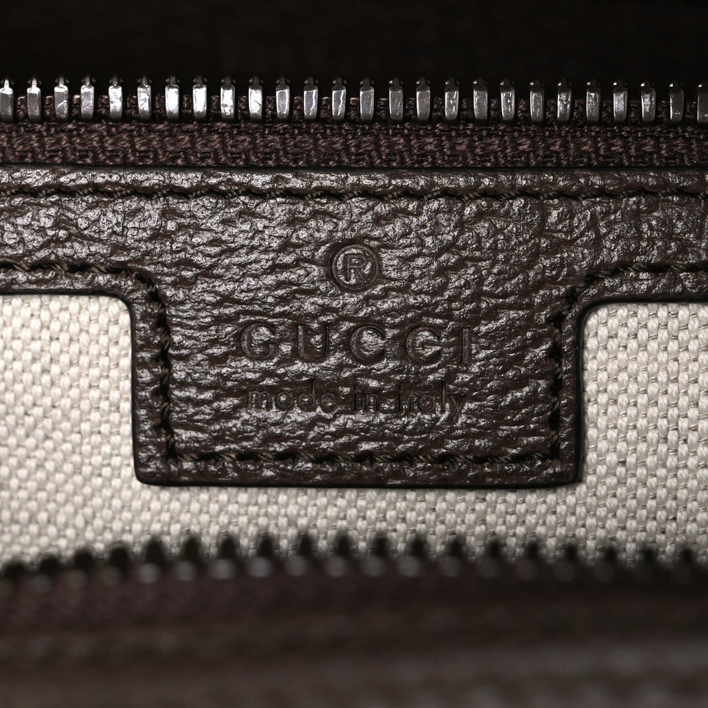 Gucci GG Supreme Monogram Textured Dollar Calfskin Web Medium Savoy Bowling Bag Beige Ebony New Acero