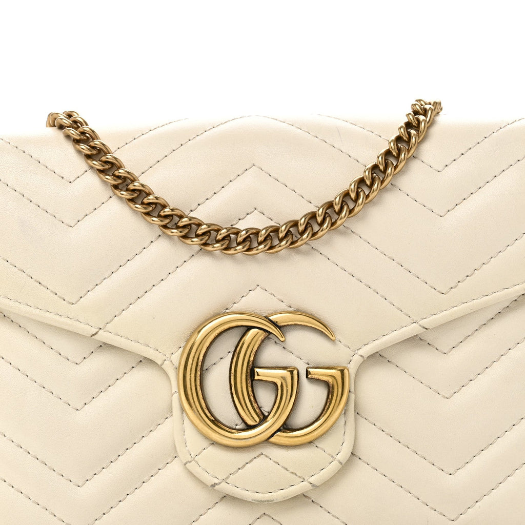 Gucci Calfskin Matelasse GG Marmont Chain Wallet Mystic White