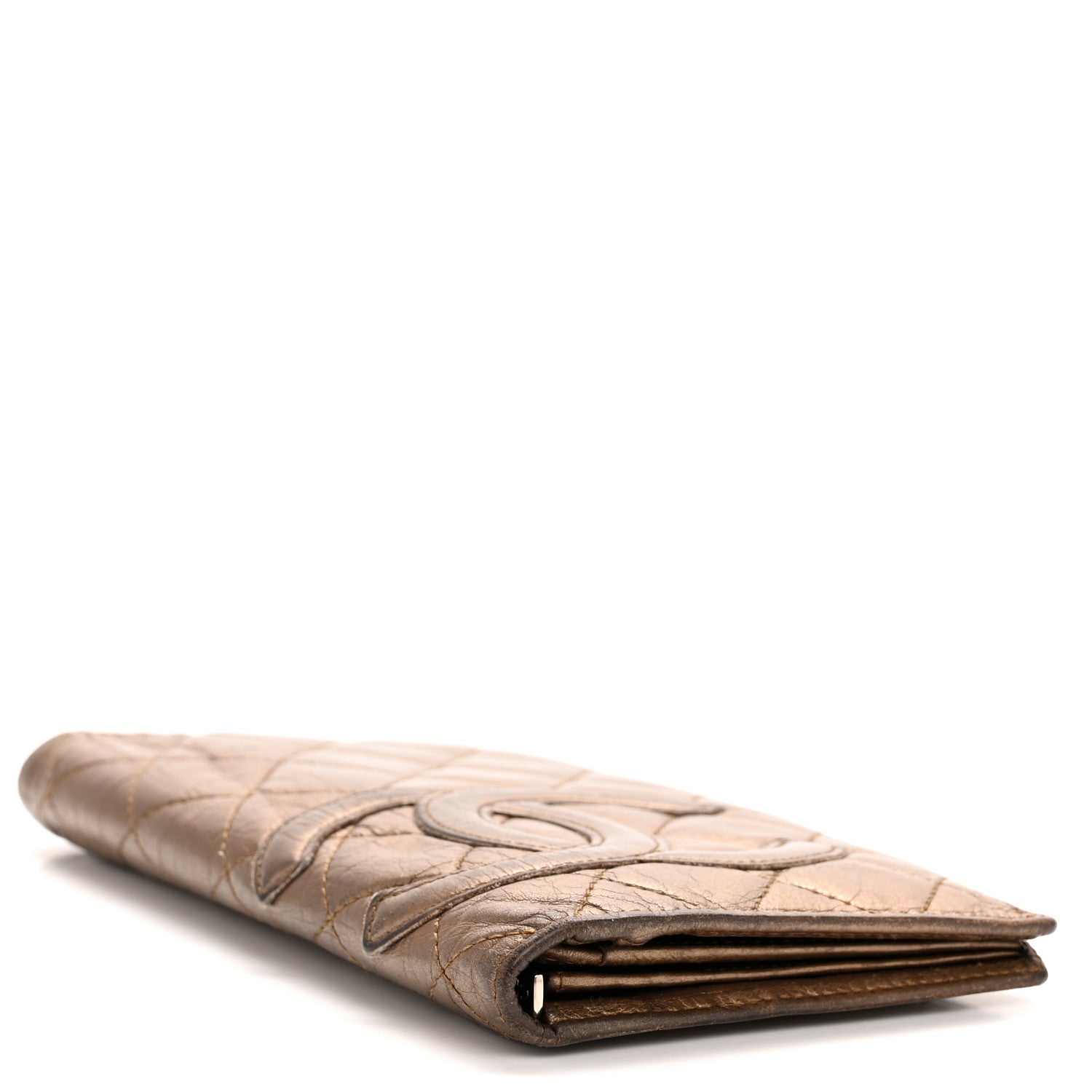 Metallic Aged Calfskin Quilted Cambon Yen Wallet Gold