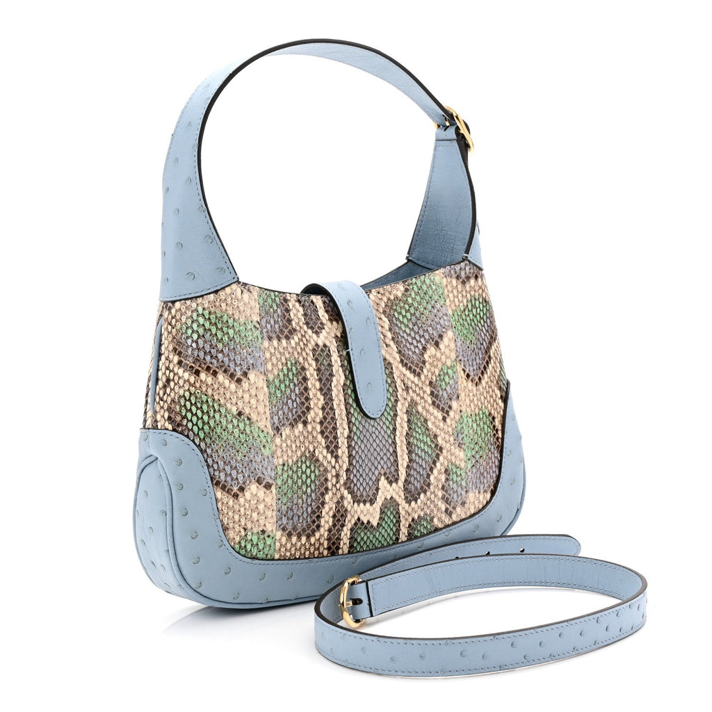 Gucci Snakeskin Ostrich Calfskin Small Jackie 1961 Hobo Blue Multicolor