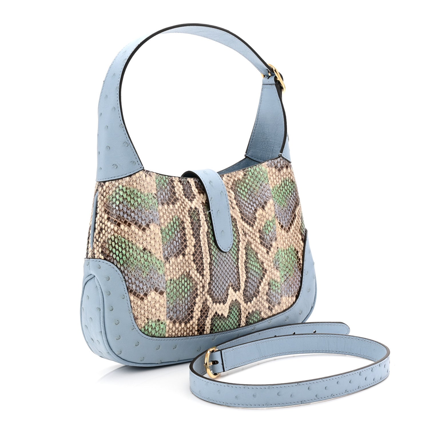 Gucci Snakeskin Ostrich Calfskin Small Jackie 1961 Hobo Blue Multicolor