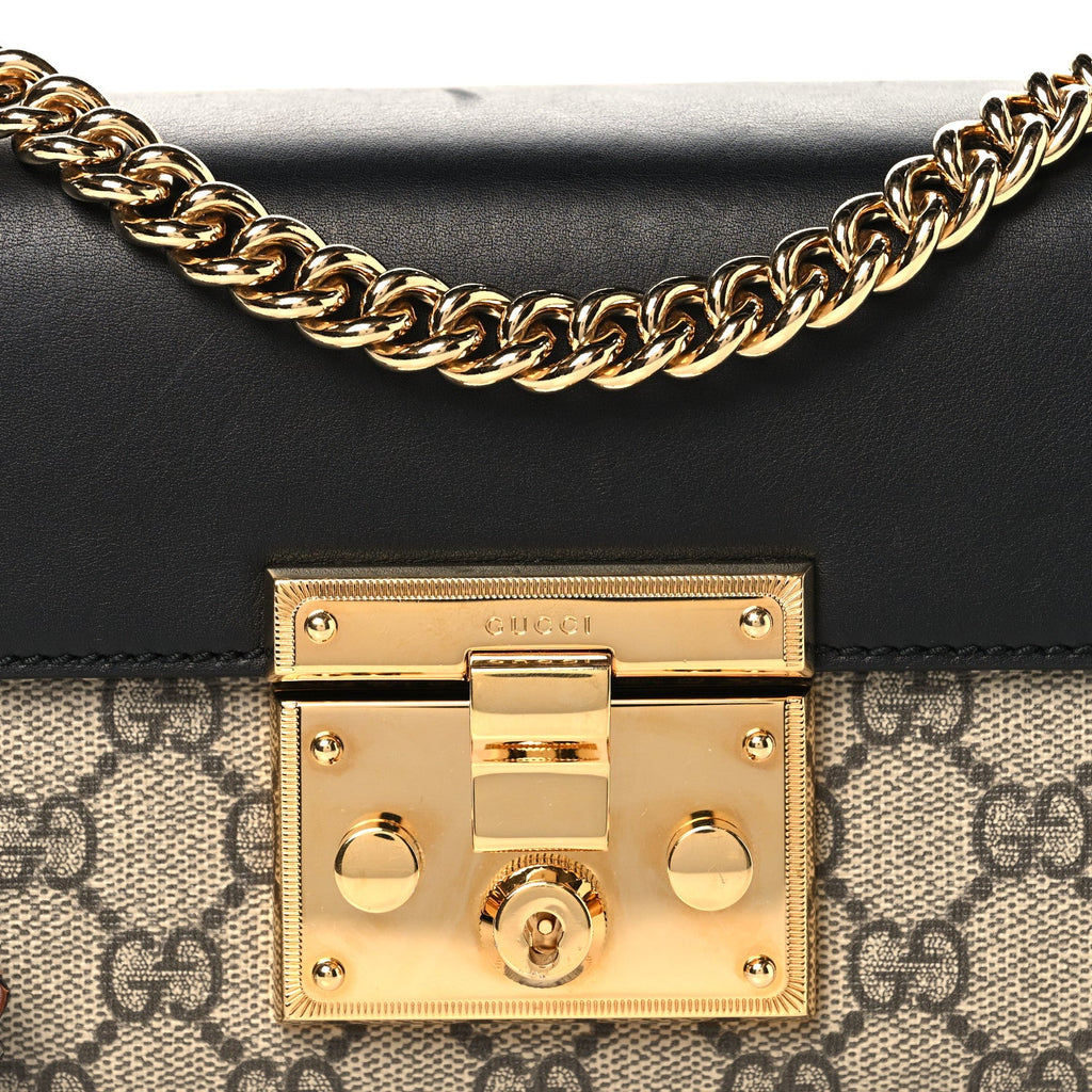 Gucci GG Supreme Monogram Calfskin Small Padlock Shoulder Bag Beige Black Cuir