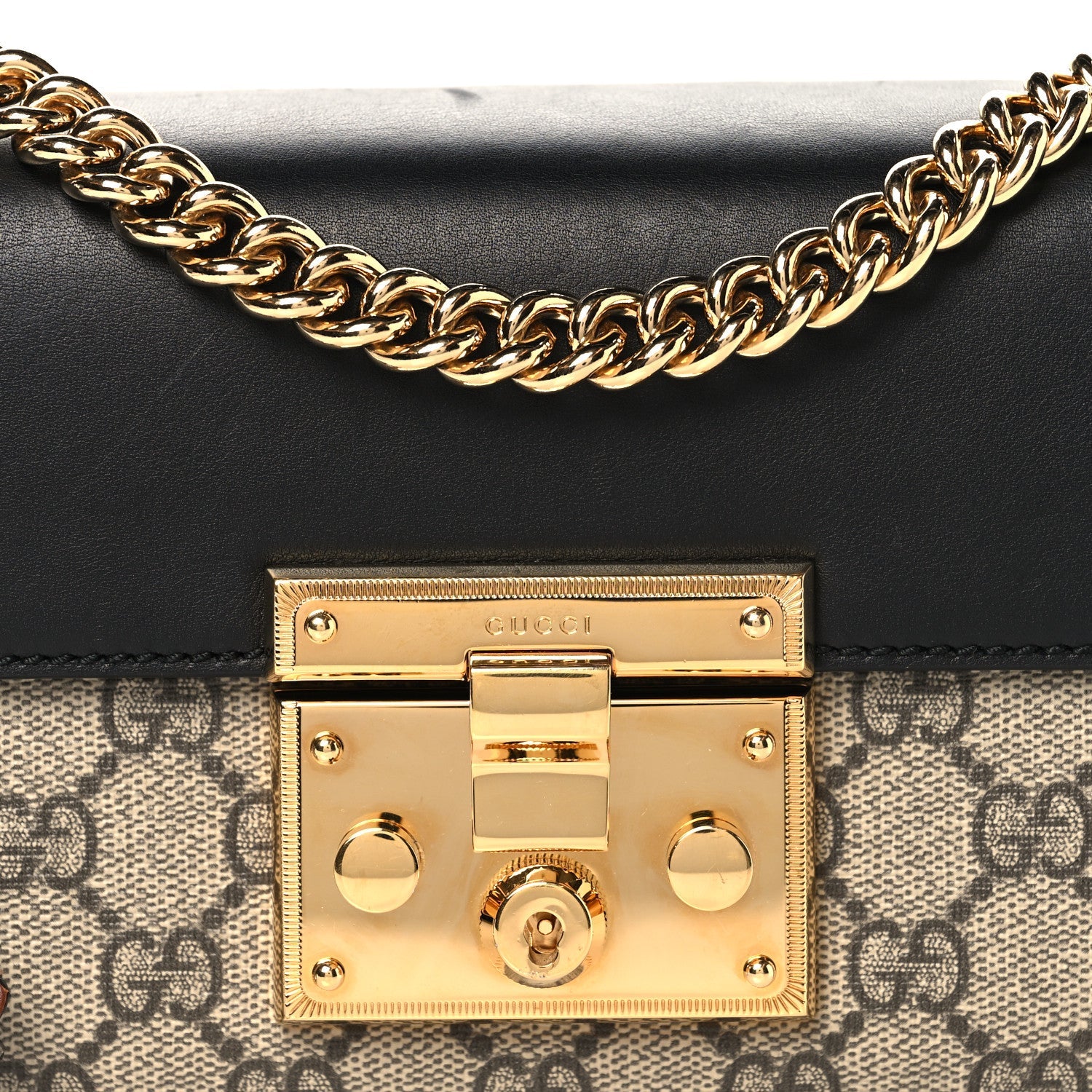 Gucci GG Supreme Monogram Calfskin Small Padlock Shoulder Bag Beige Black Cuir