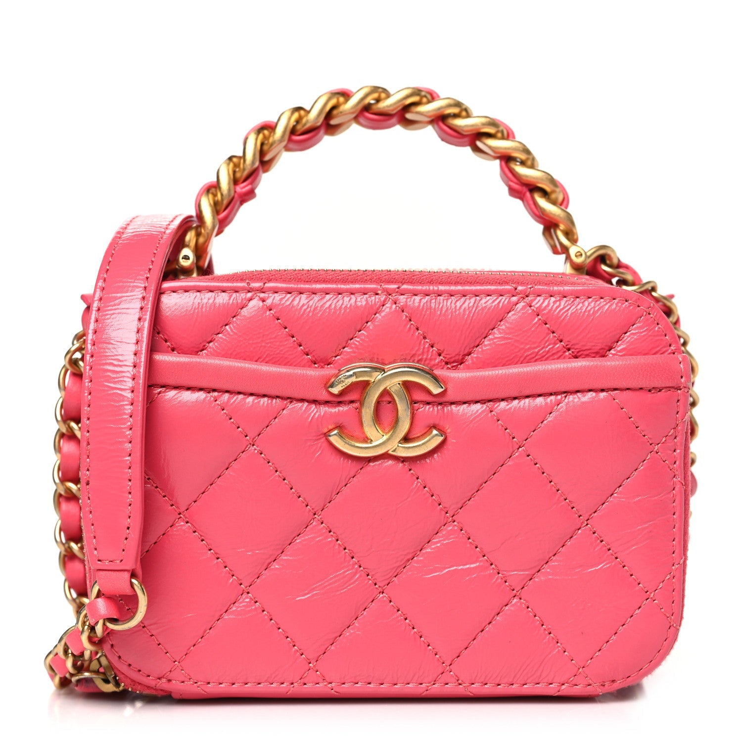 Chanel Crumpled Calfskin Quilted Mini Get Round Top Handle Vanity Case Pink