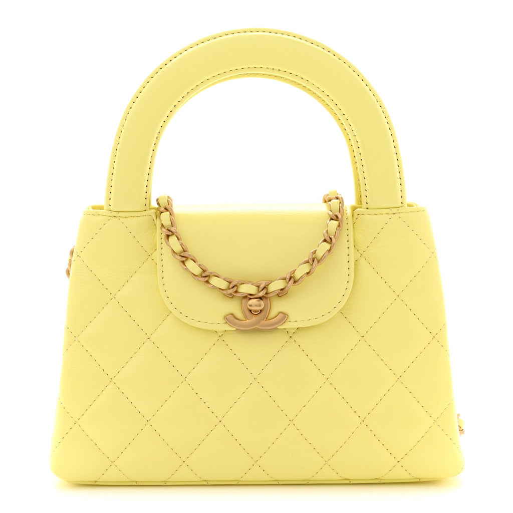 Chanel Shiny Aged Calfskin Quilted Nano Kelly Shopper Light Yellow