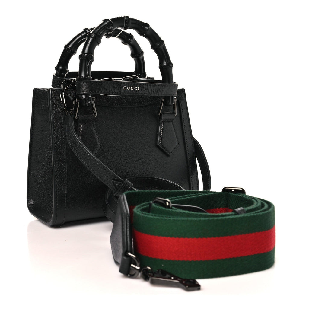 Gucci Textured Dollar Calfskin Web Monochrome Mini Diana Tote Bag Black