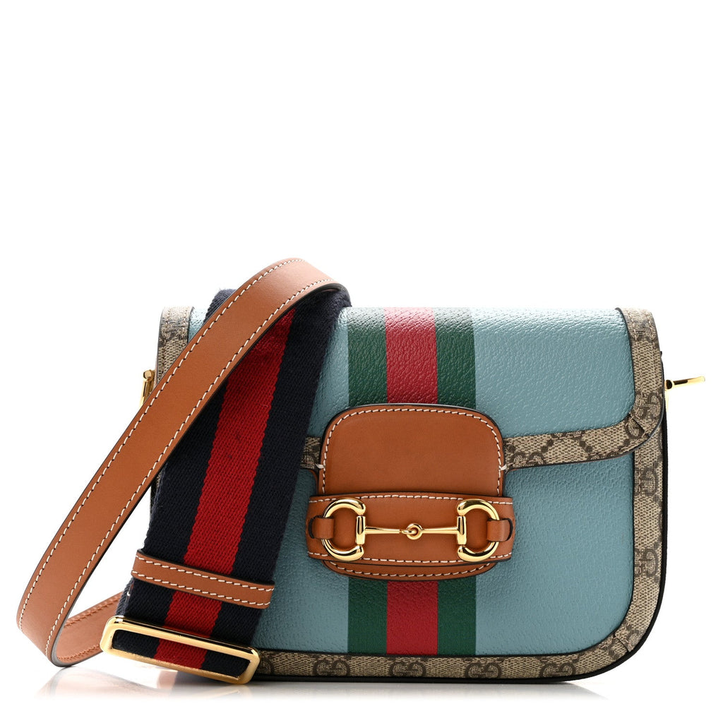 Gucci X DANS LE VERT Textured Dollar Calfskin GG Supreme Monogram Web Mini Horsebit 1955 Shoulder Bag Dusty Azure Beige Ebony