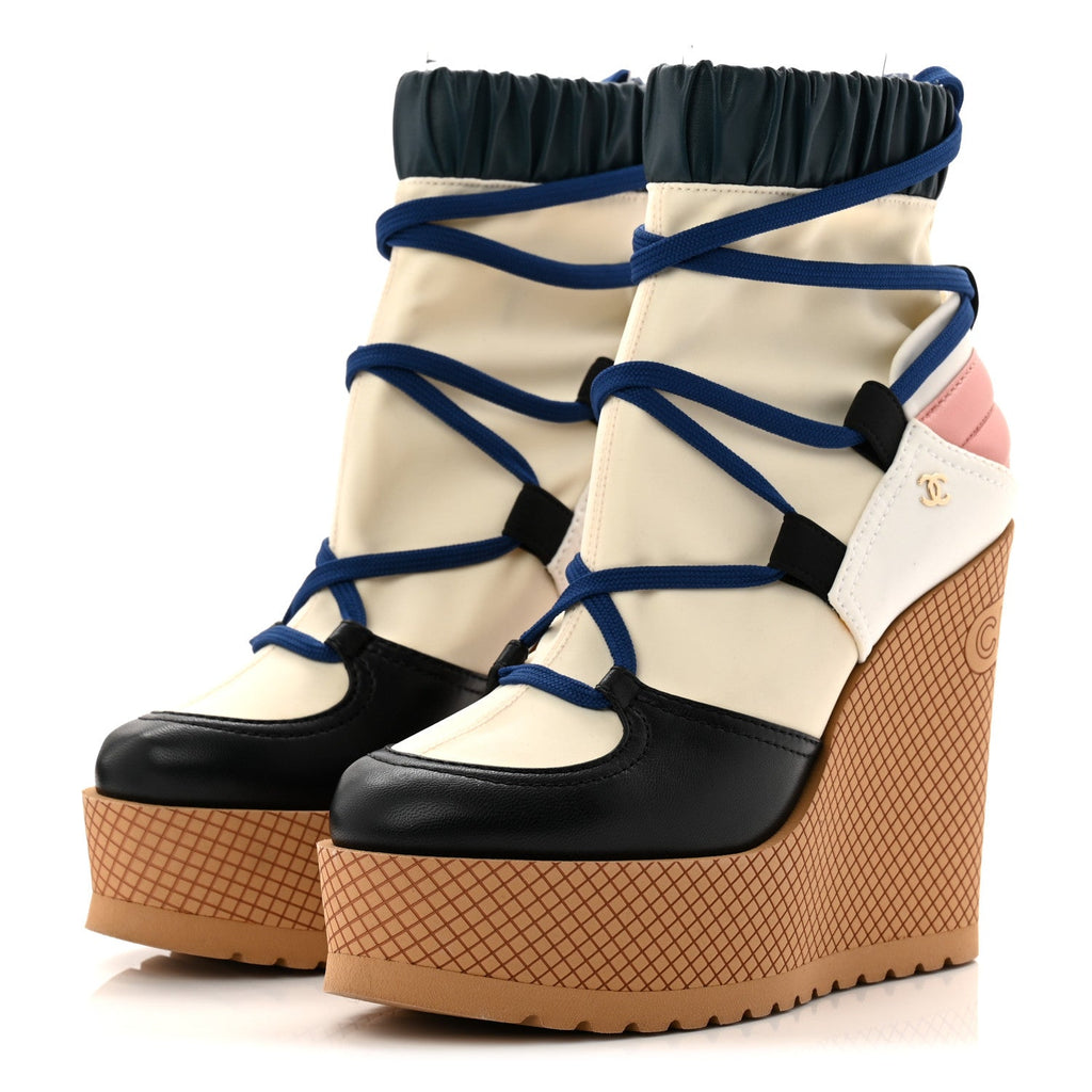 Fabric Lambskin Calfskin Runway Wedge Short Platform Boots 36 Blue White Pink