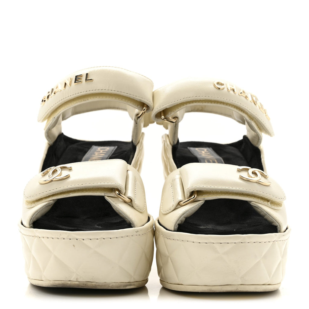 Chanel Shiny Calfskin Quilted Wedge Sandals 36 Ivory