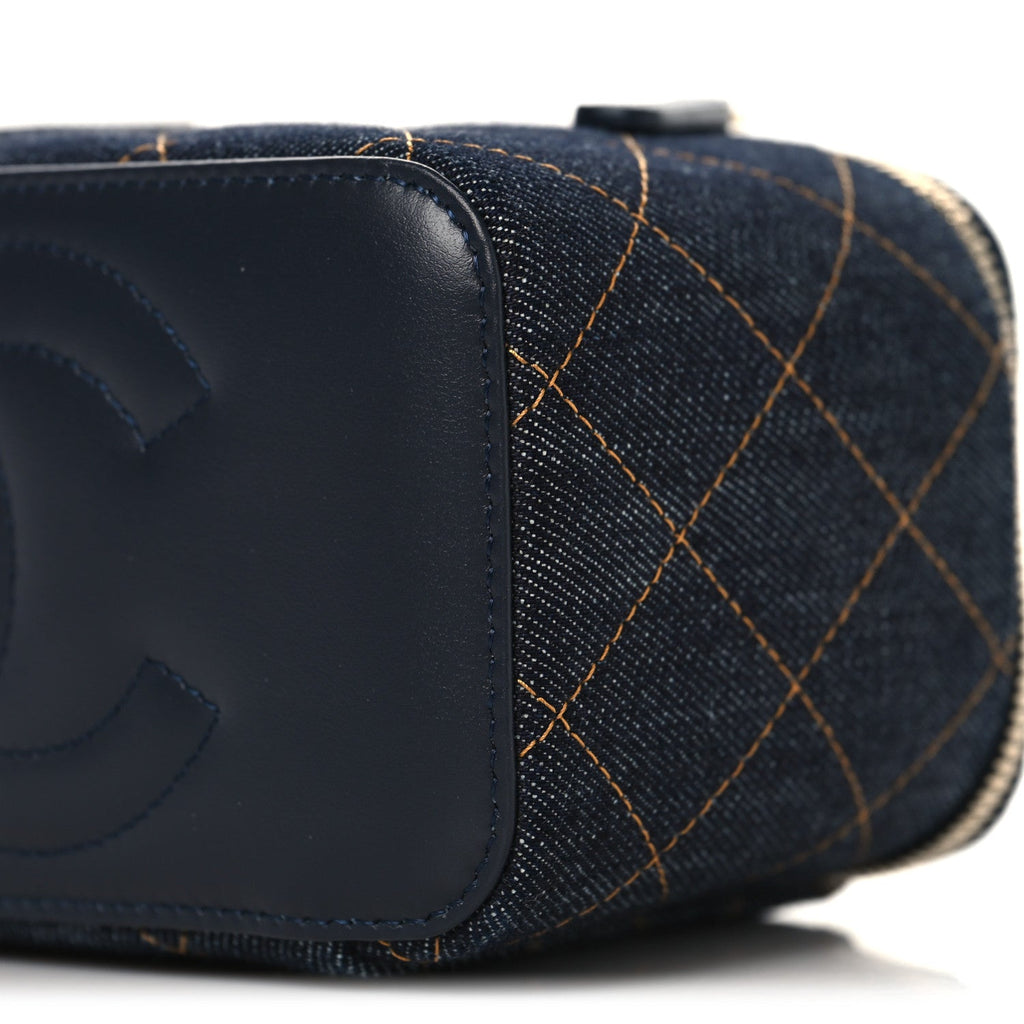 Chanel Denim Quilted Vanity Case With Chain Dark Blue