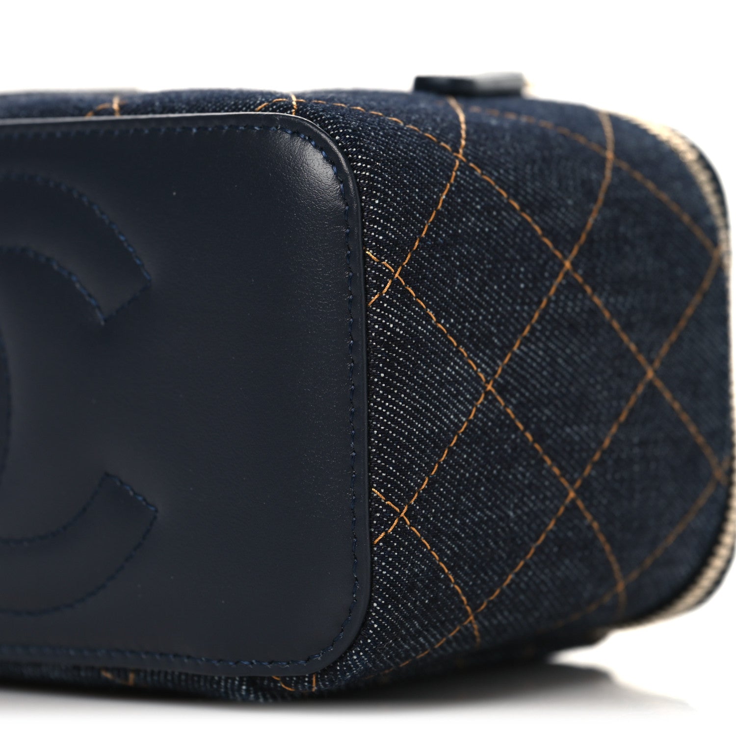 Chanel Denim Quilted Vanity Case With Chain Dark Blue