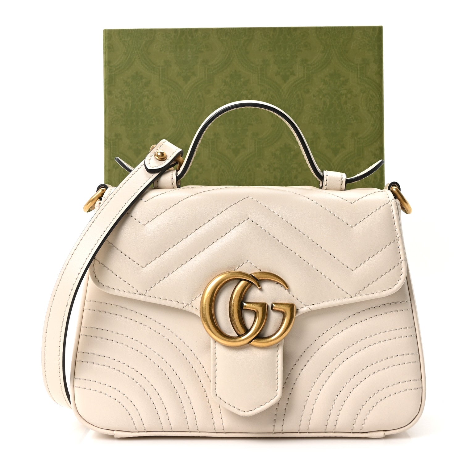 Gucci Calfskin Matelasse Mini GG Marmont Top Handle Shoulder Bag White