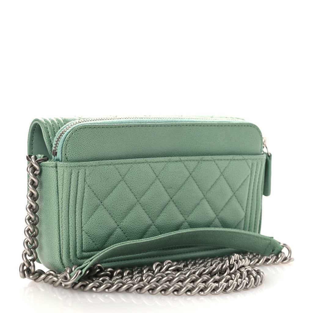 Chanel Caviar Quilted Boy Phone Holder Wallet On Chain Green
