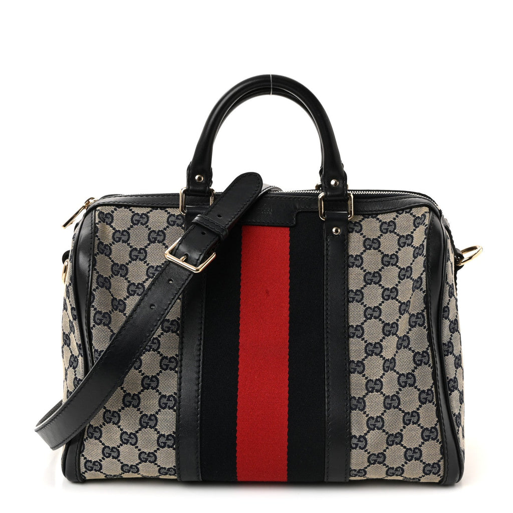 Gucci Monogram Selleria Calfskin Vintage Web Medium Boston Beige Blue