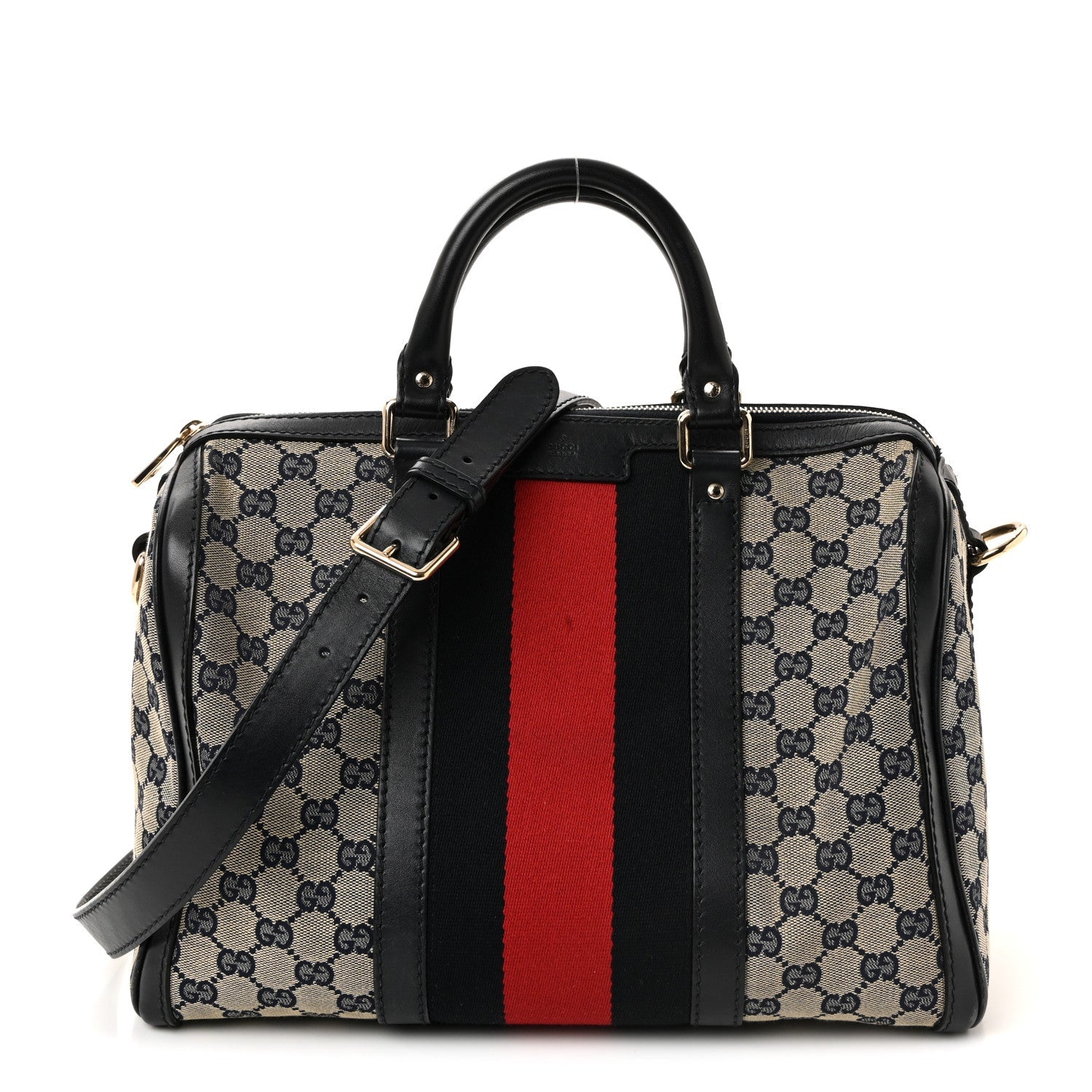 Gucci Monogram Selleria Calfskin Vintage Web Medium Boston Beige Blue