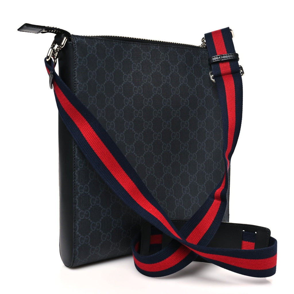 Gucci GG Supreme Monogram Web Small Flat Messenger Bag Black Grey