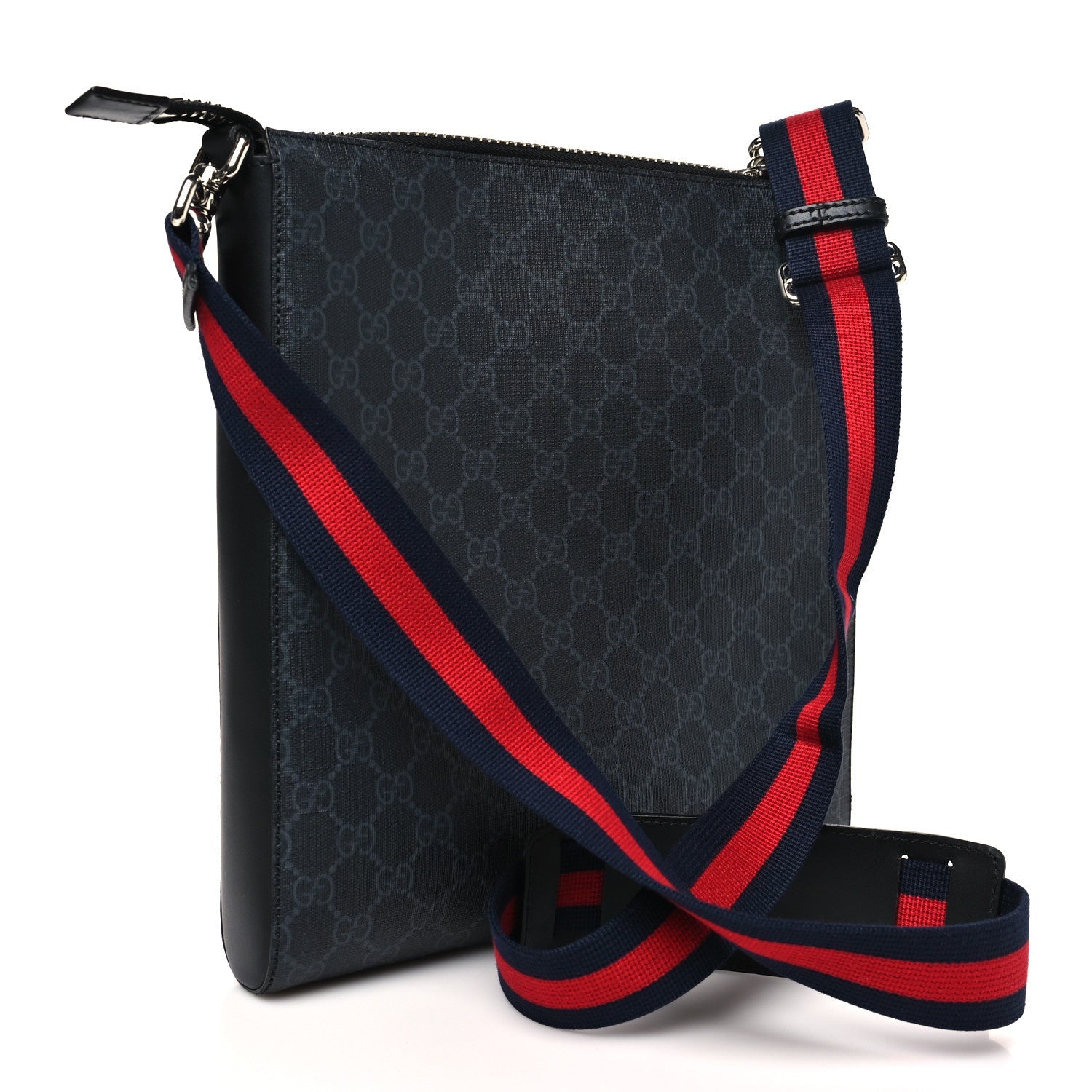 Gucci GG Supreme Monogram Web Small Flat Messenger Bag Black Grey