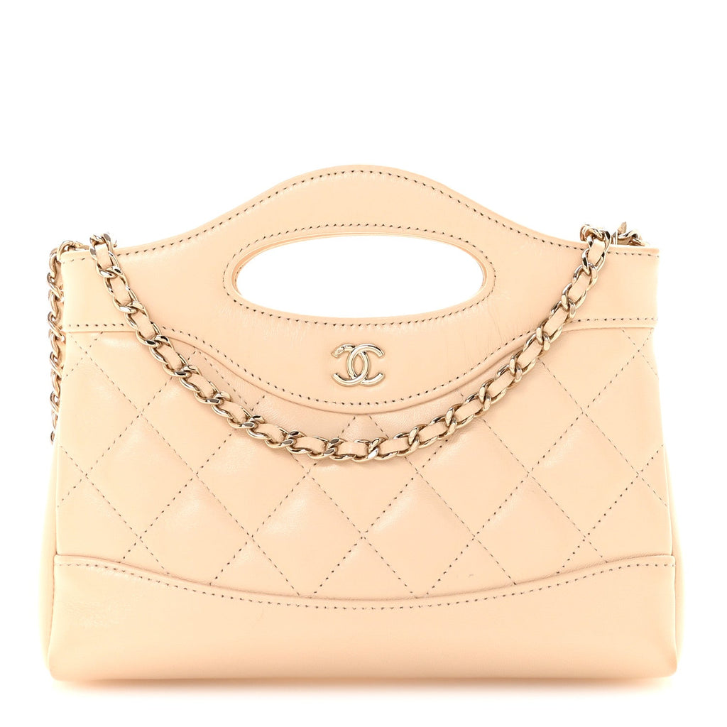 Chanel Shiny Crumpled Calfskin Quilted Nano 31 Shopping Bag Beige