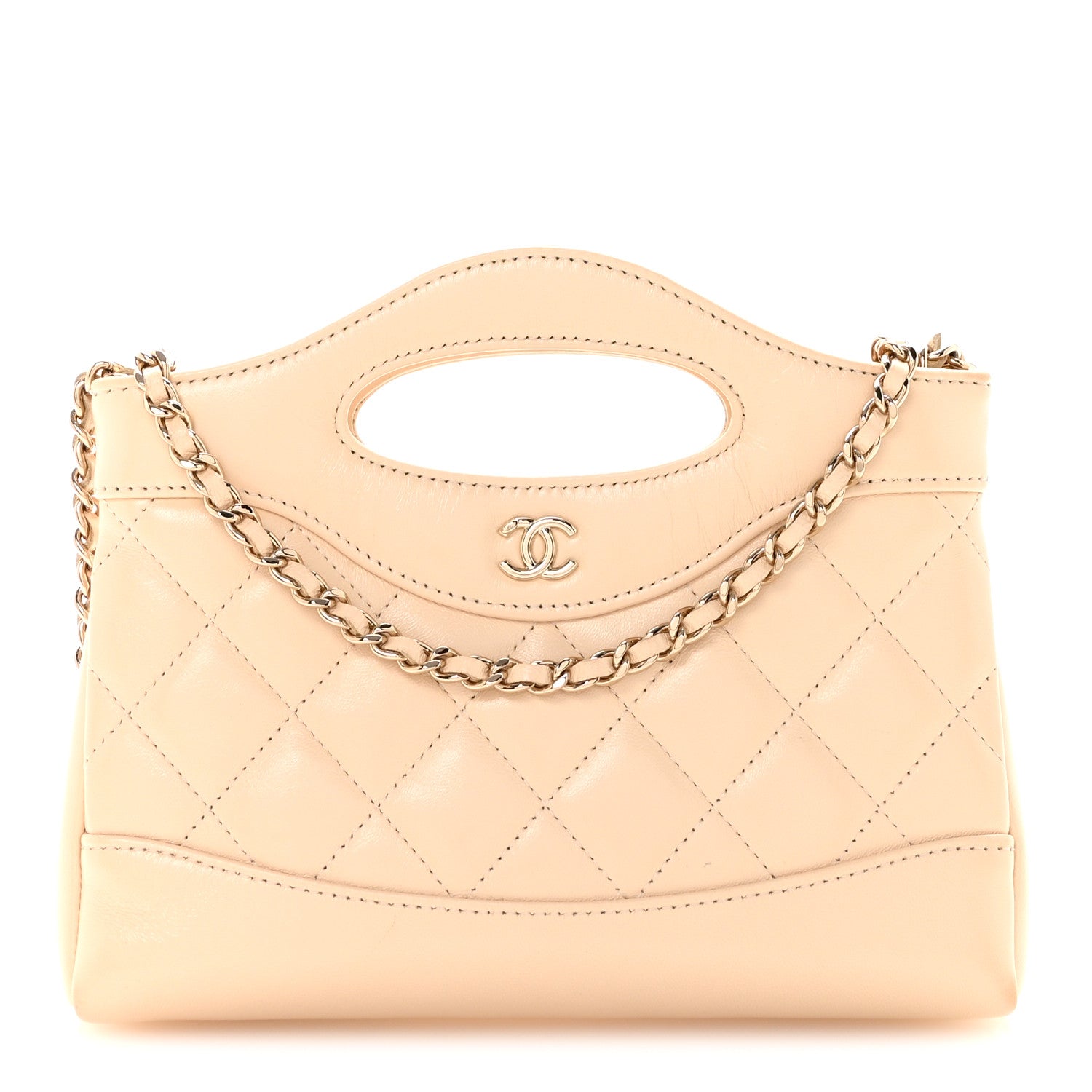 Chanel Shiny Crumpled Calfskin Quilted Nano 31 Shopping Bag Beige