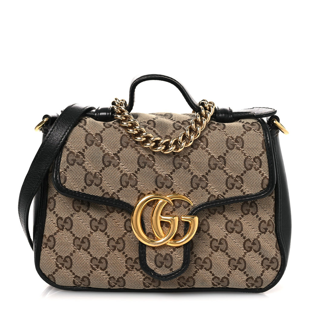 Gucci Monogram Azalea Calfskin Matelasse Diagonal Mini GG Marmont Top Handle Shoulder Bag Beige Ebony Black