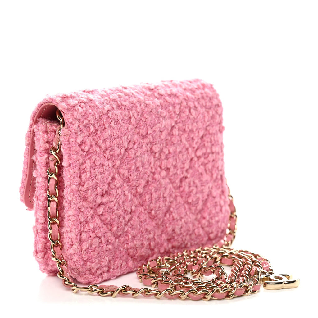 Chanel Tweed Quilted Flap Chain Waist Bag Pink