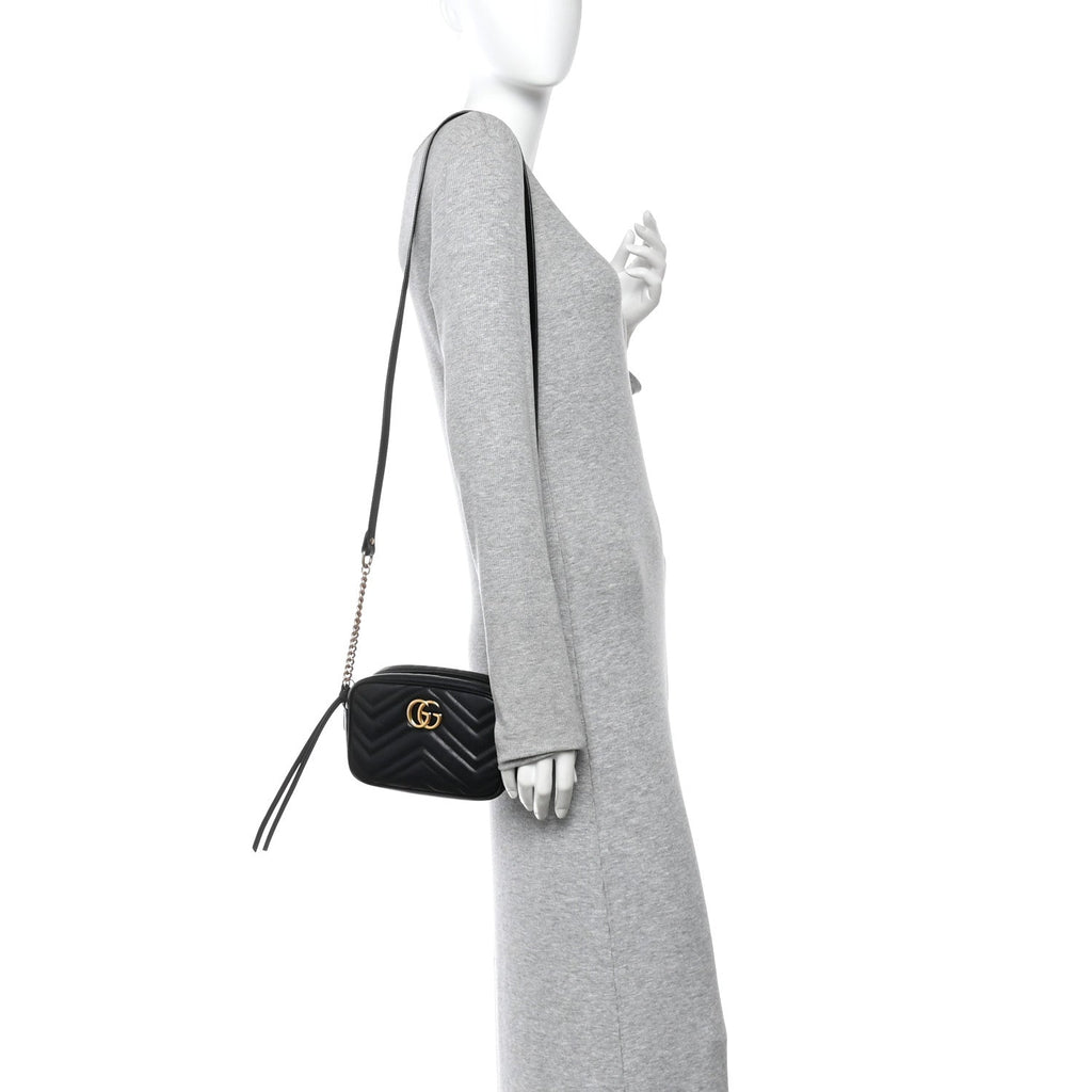 Gucci Calfskin Matelasse Mini GG Marmont Chain Shoulder Bag Black