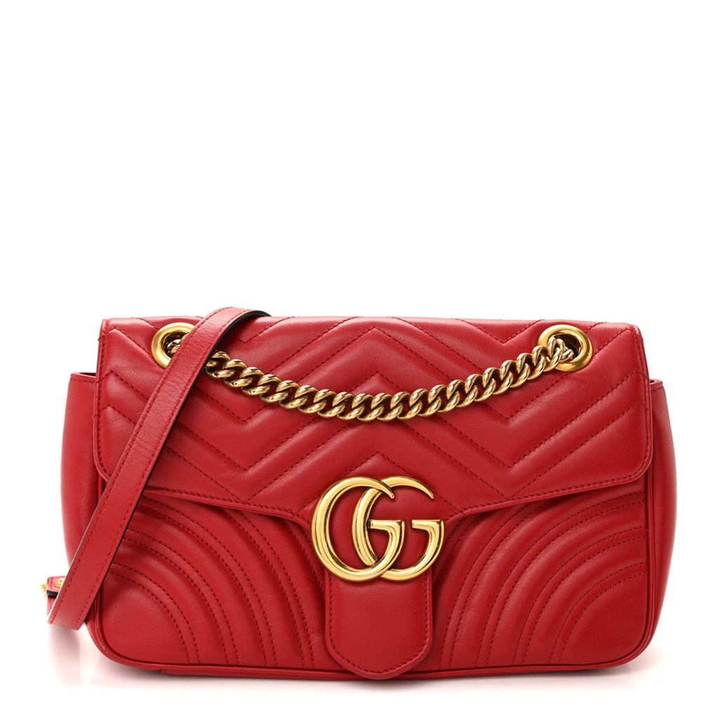 Gucci Calfskin Matelasse Small GG Marmont Shoulder Bag Hibiscus Red