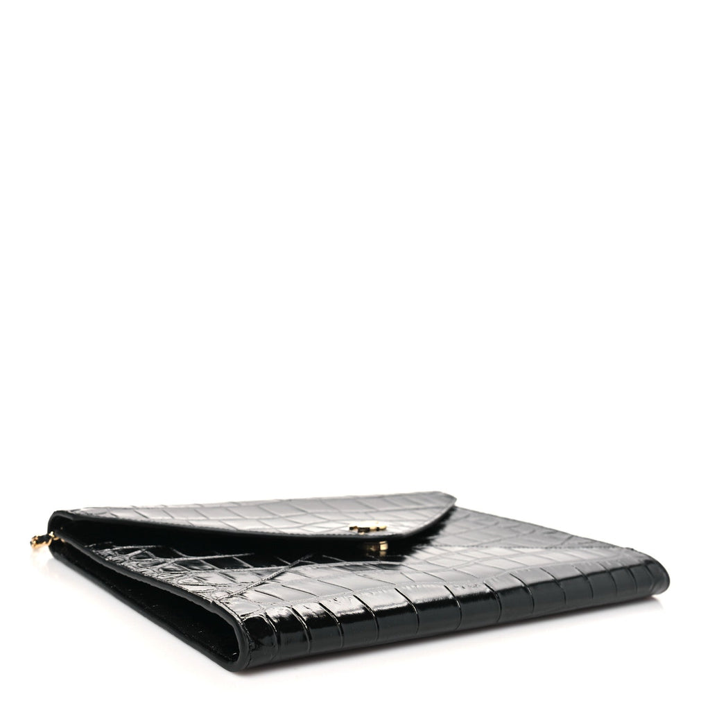Chanel Calfskin Crocodile Embossed Croc Illusion Clutch With Chain  Black