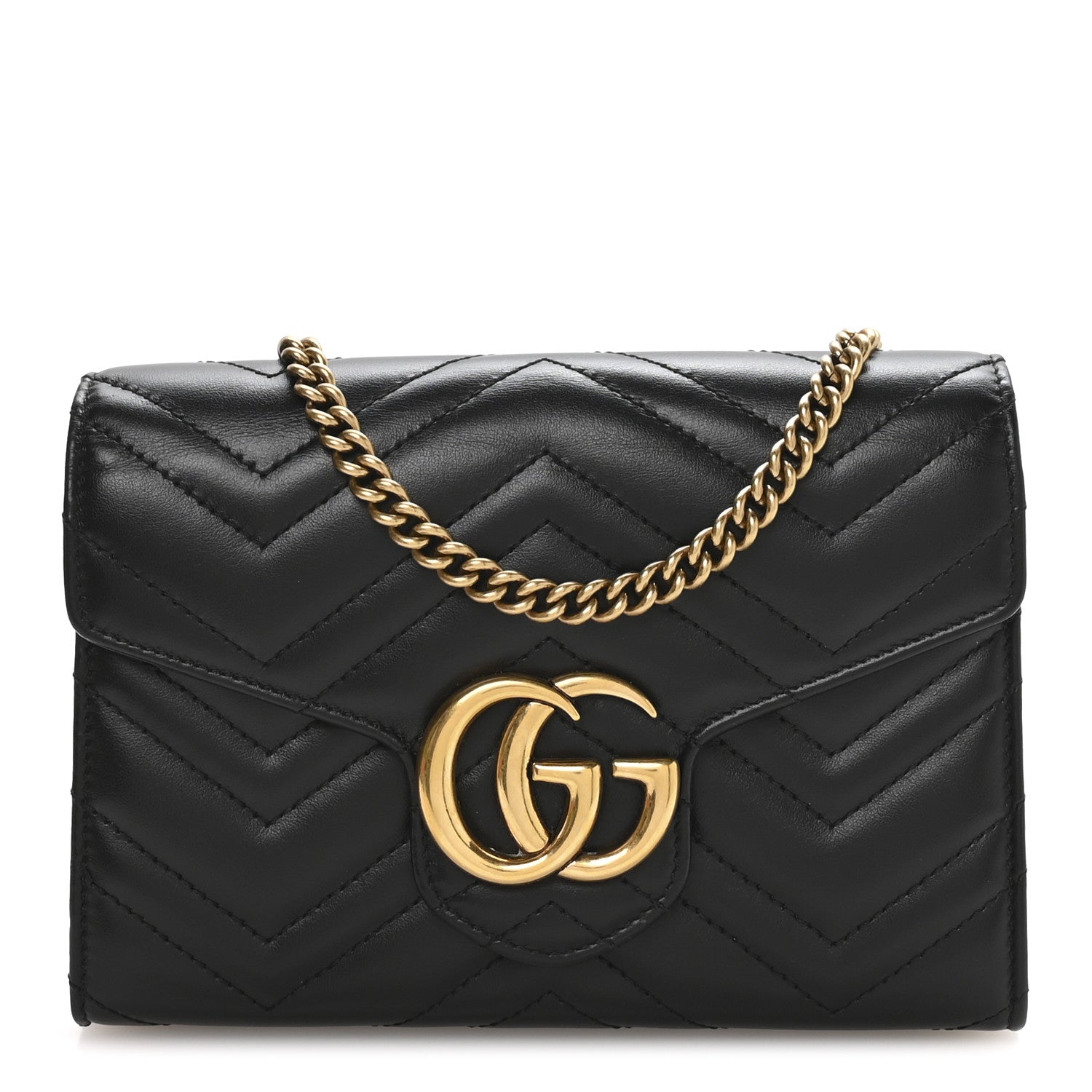 Gucci Calfskin Matelasse GG Marmont Chain Wallet Black