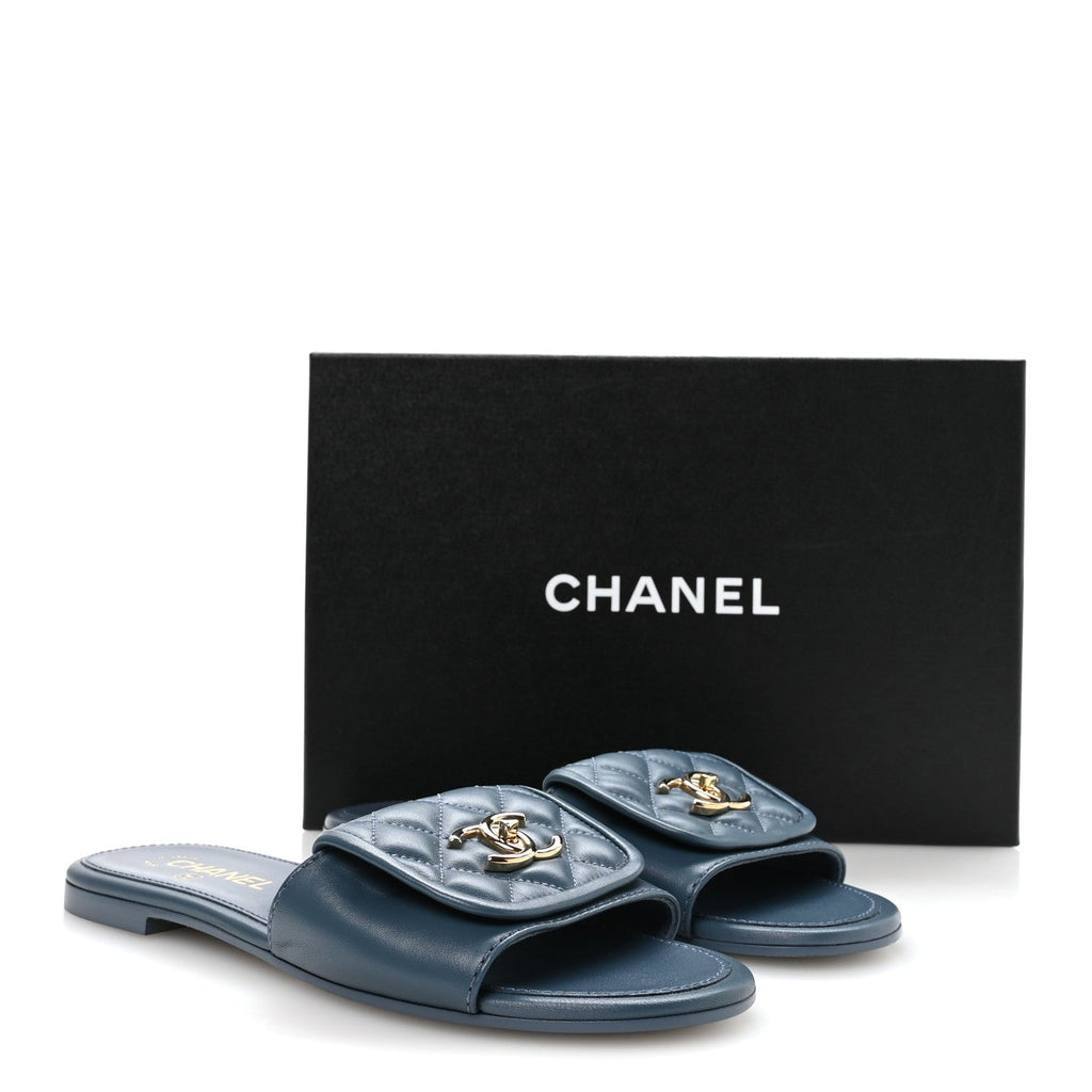 Lambskin Quilted Turnlock Flat Mules 39.5 Dark Blue