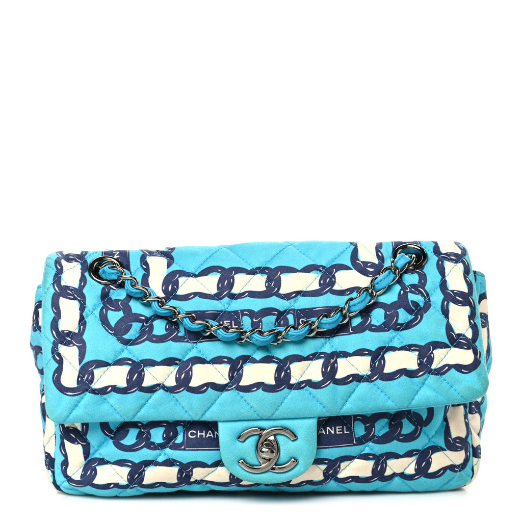Chanel Silk Chain Printed Medium Single Flap Blue