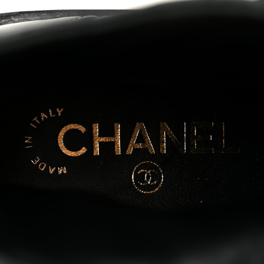 Chanel Shiny Goatskin Calfskin Quilted Lace Up Combat Boots 37.5 Black
