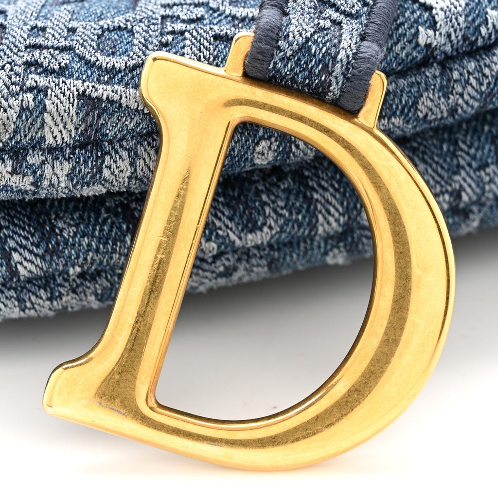 Christian Dior Oblique Embroidered Saddle Bag Denim Blue