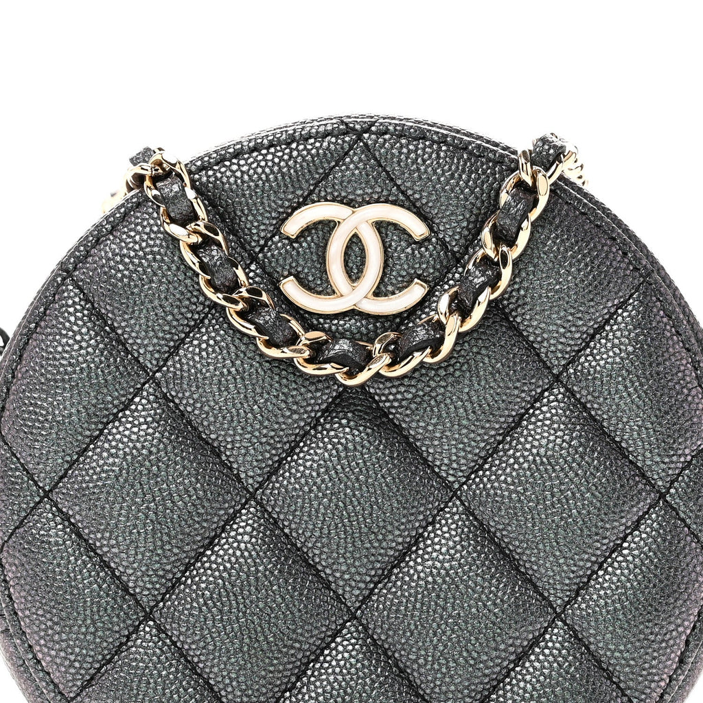 Chanel Iridescent Caviar Quilted Round Clutch With Chain Black
