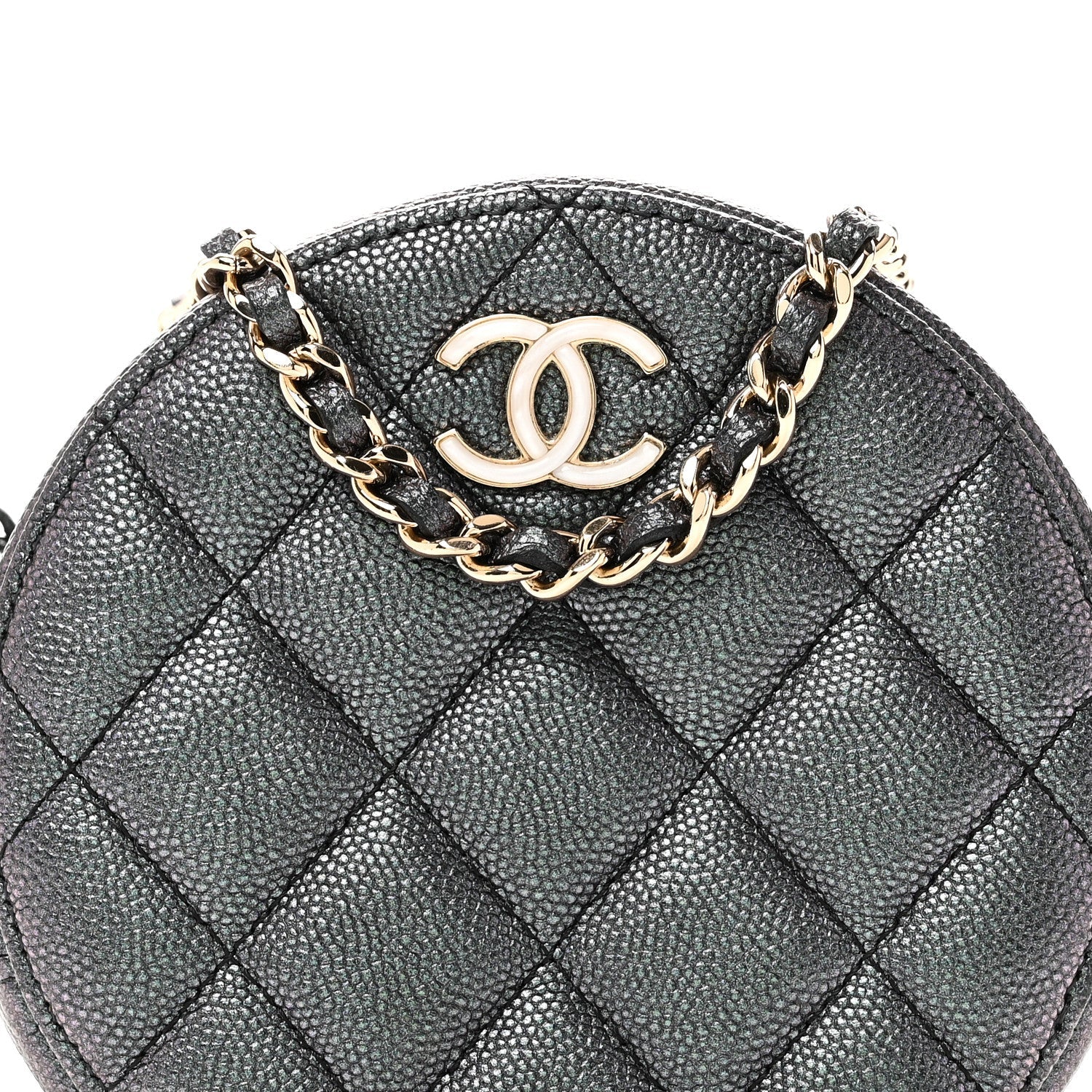 Chanel Iridescent Caviar Quilted Round Clutch With Chain Black