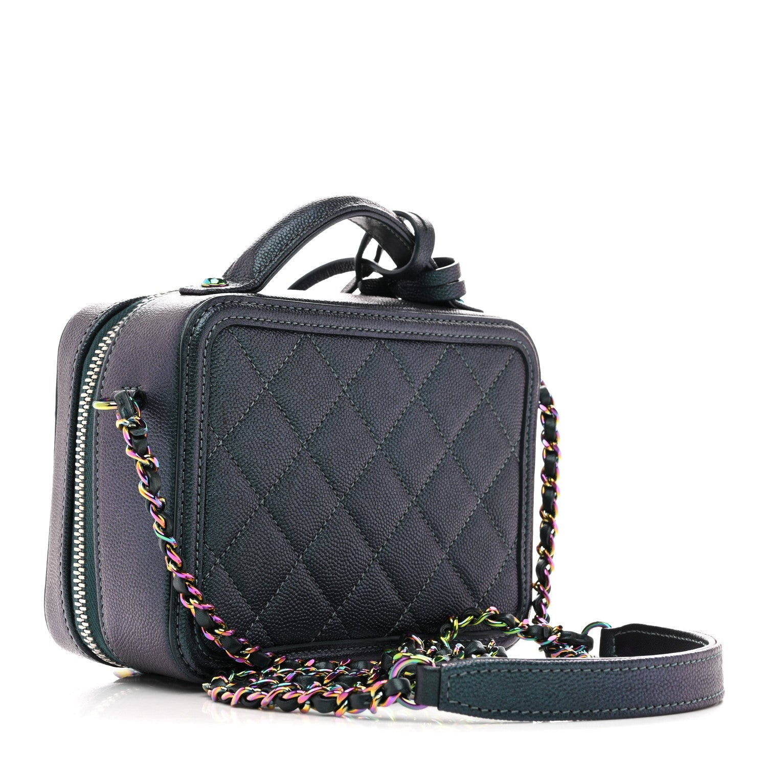 Chanel Iridescent Caviar Quilted Small CC Filigree Vanity Case Dark Turquoise