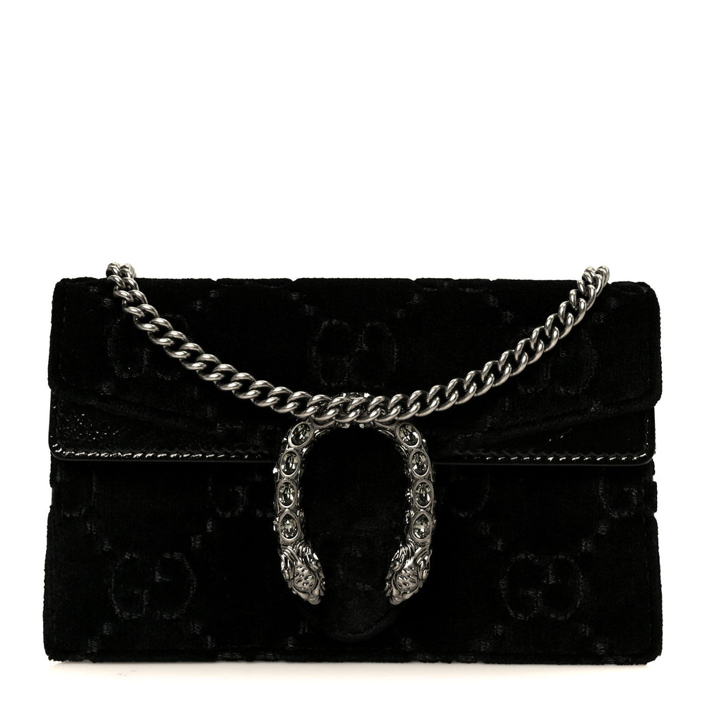 Gucci Velvet Skipper Crystal GG Monogram Super Mini Dionysus Shoulder Bag Black
