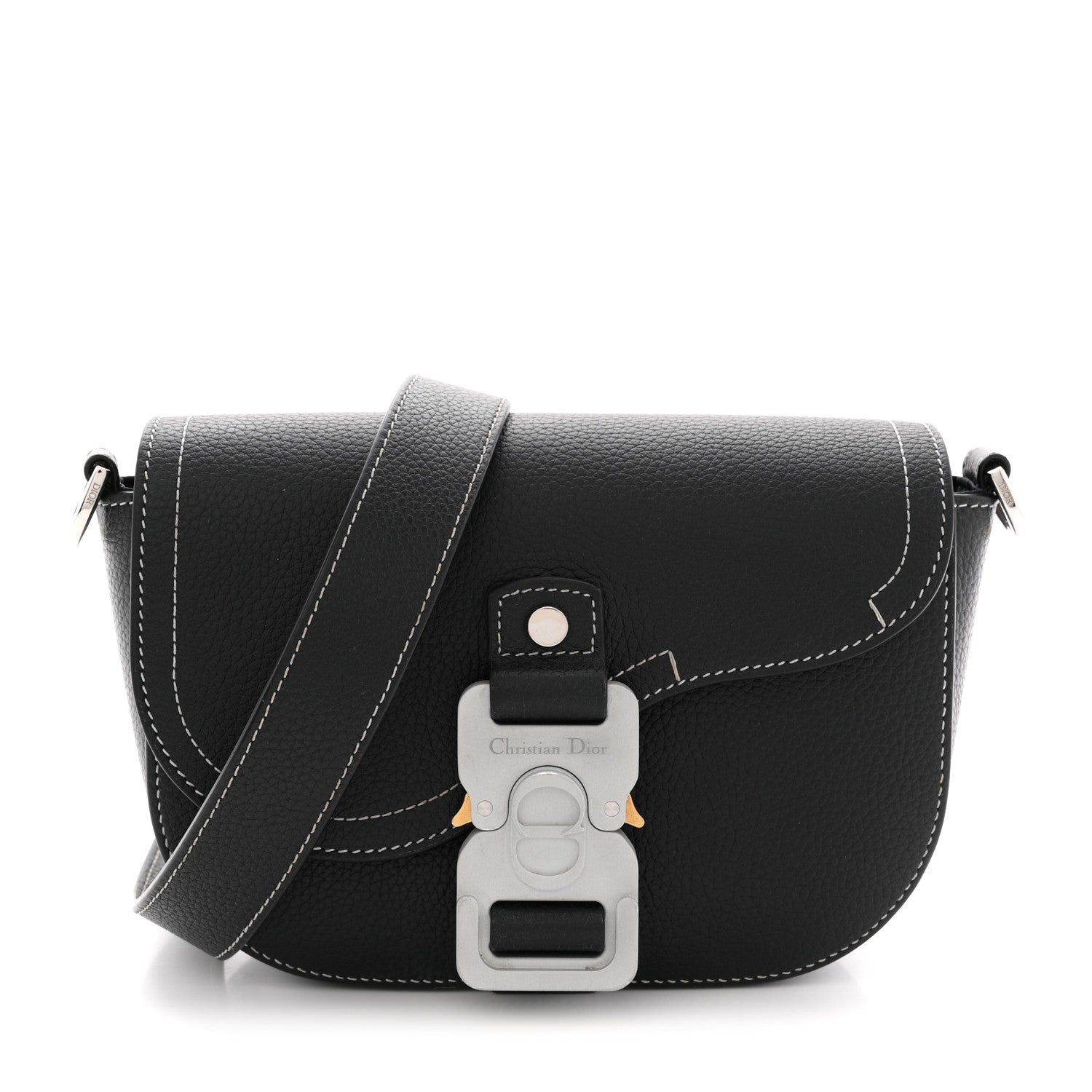 Christian Dior Grained Calfskin Saddle Messenger Bag With Strap Black