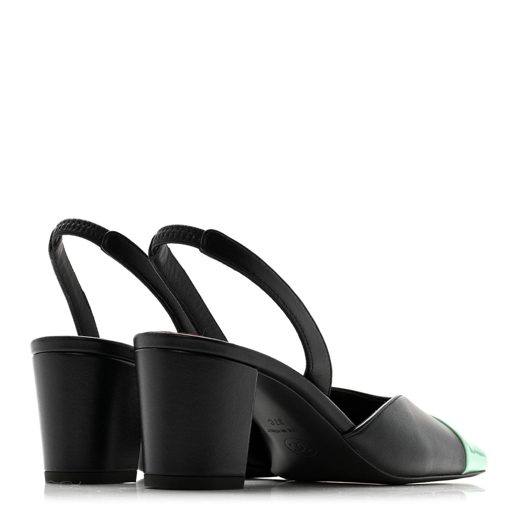 Lambskin Patent Calfskin Cap Toe CC Slingback Pumps 37 Black Green
