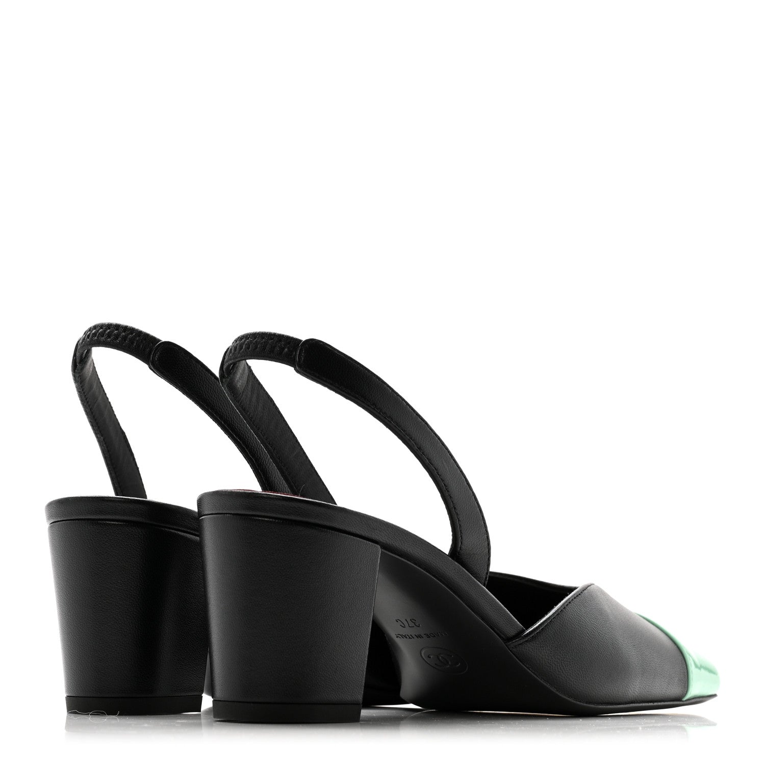 Lambskin Patent Calfskin Cap Toe CC Slingback Pumps 37 Black Green