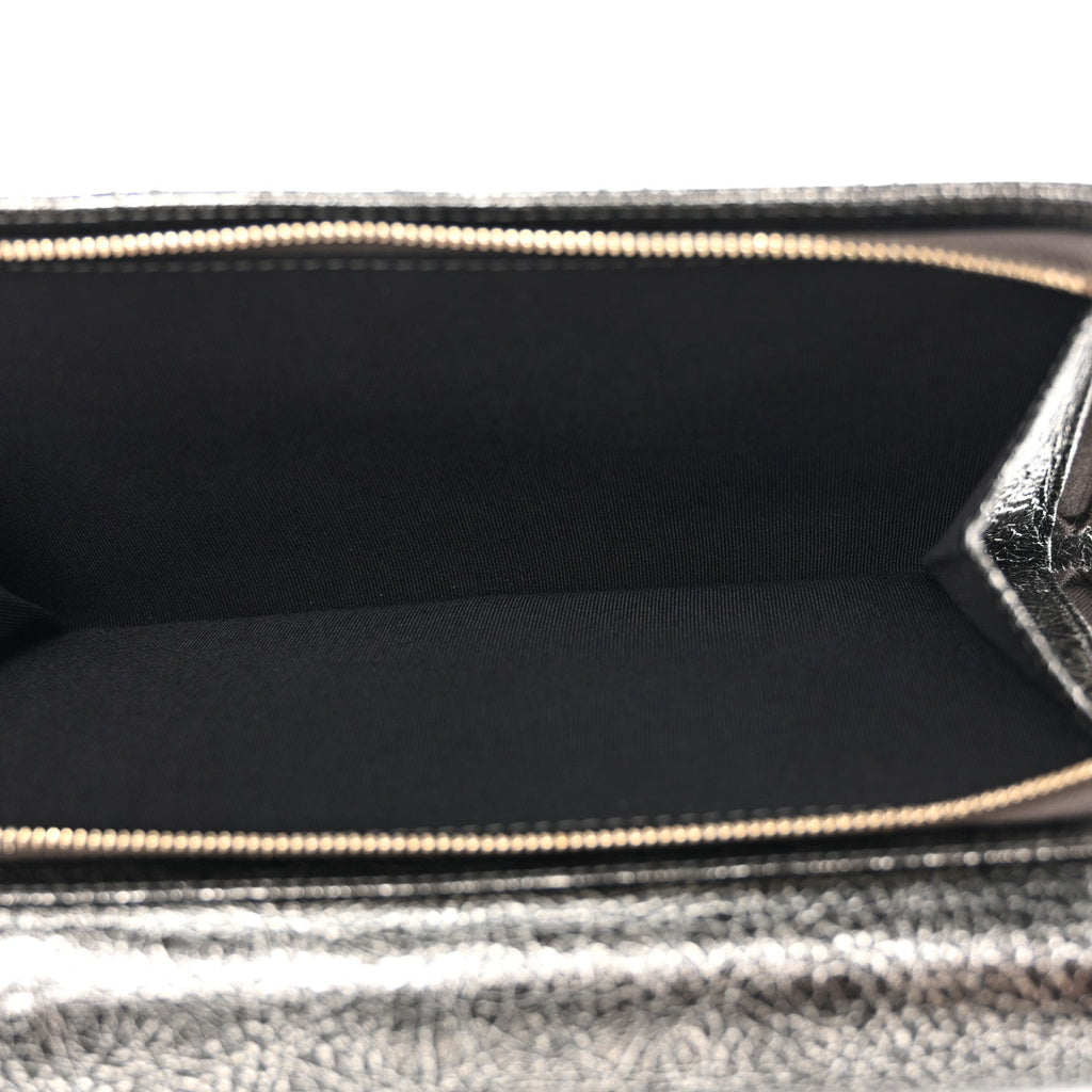 Chanel Cracked Metallic Calfskin Quilted Zip Away Chain Clutch Dark Silver