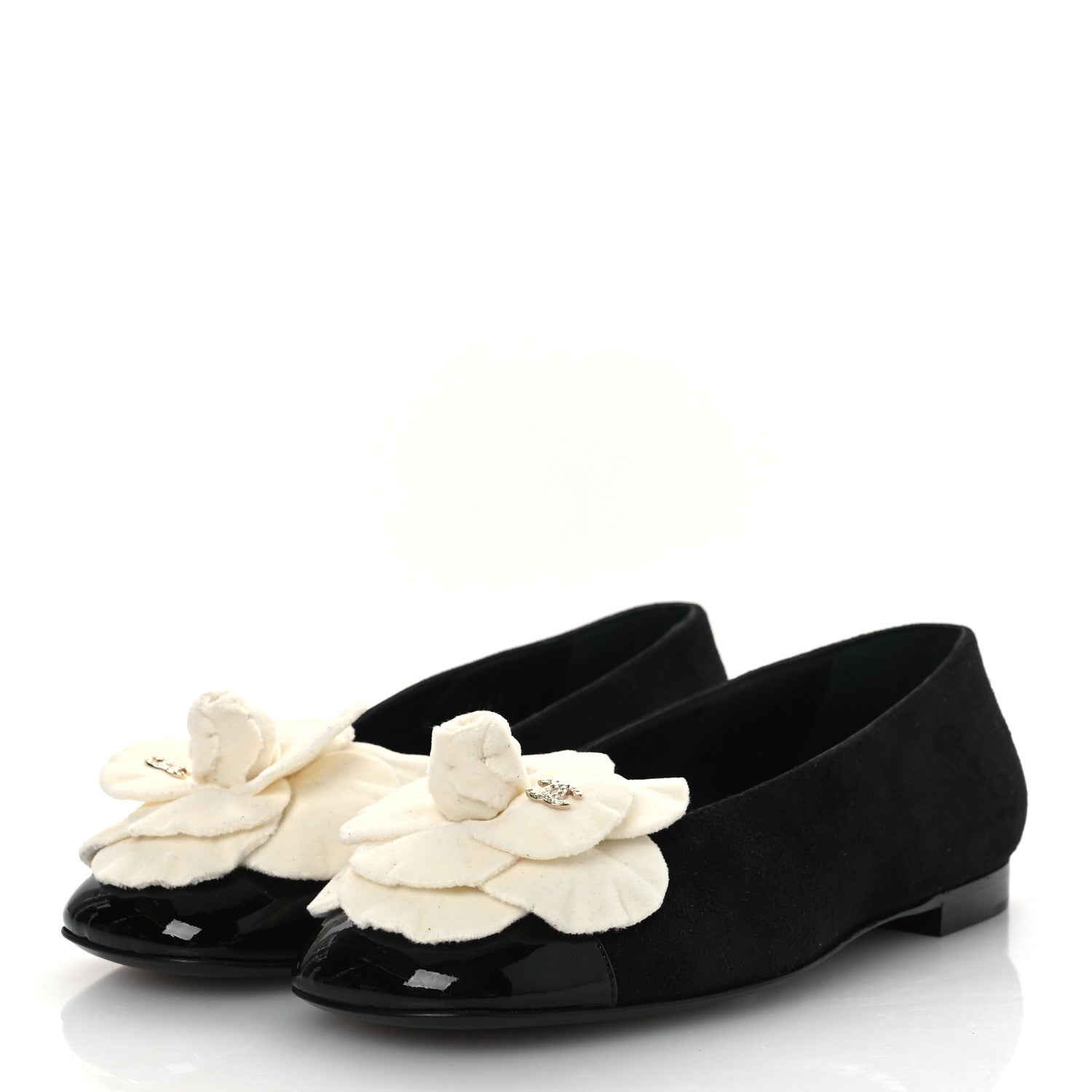 Chanel Suede Patent Cap Toe Camellia Ballerina Flats 36.5 Black White