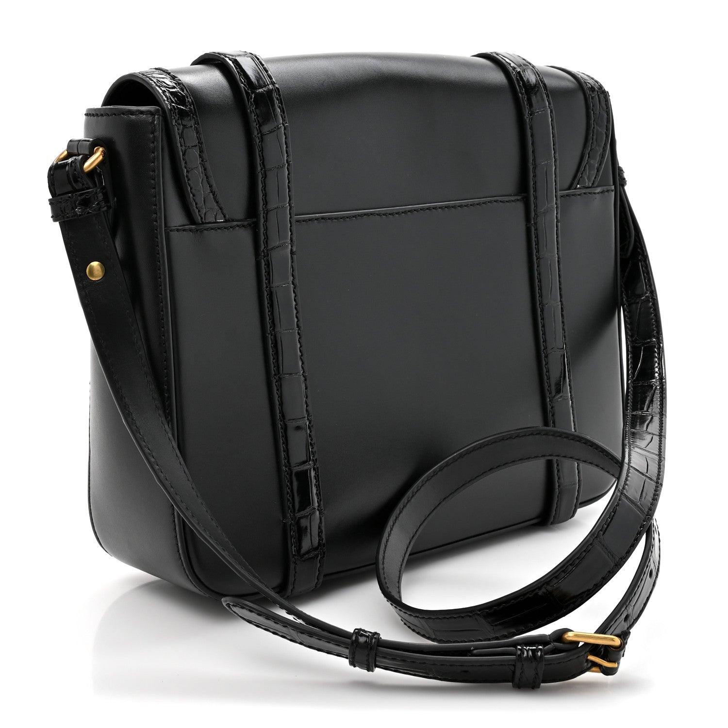 Gucci Calfskin Crocodile GG Double Buckle Medium Messenger Bag Black