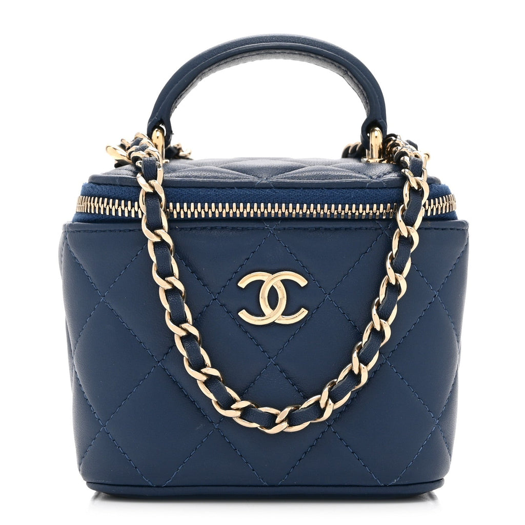 Chanel Lambskin Quilted Top Handle Mini Vanity Case With Chain Blue