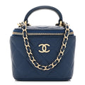Chanel Lambskin Quilted Top Handle Mini Vanity Case With Chain Blue