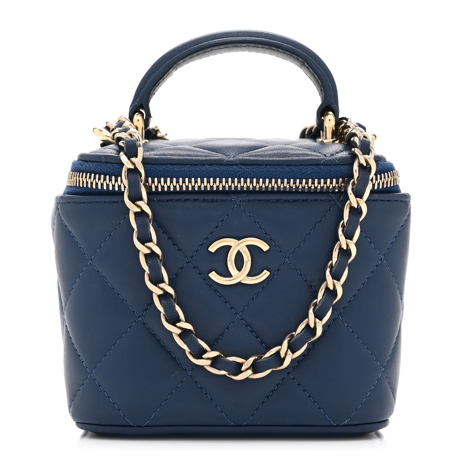 Chanel Lambskin Quilted Top Handle Mini Vanity Case With Chain Blue