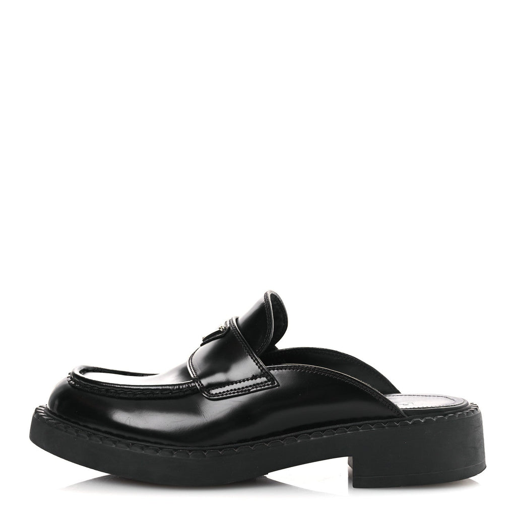Prada Spazzolato Triangle 40mm Loafer Mules 37 Black