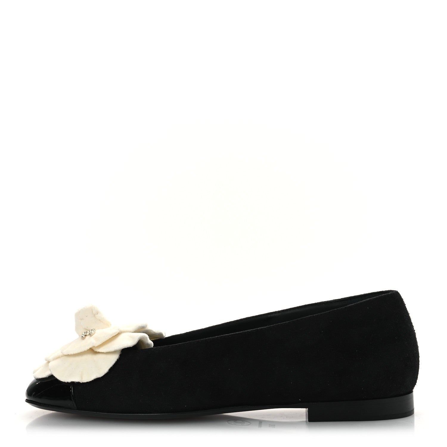 Chanel Suede Patent Cap Toe Camellia Ballerina Flats 36.5 Black White