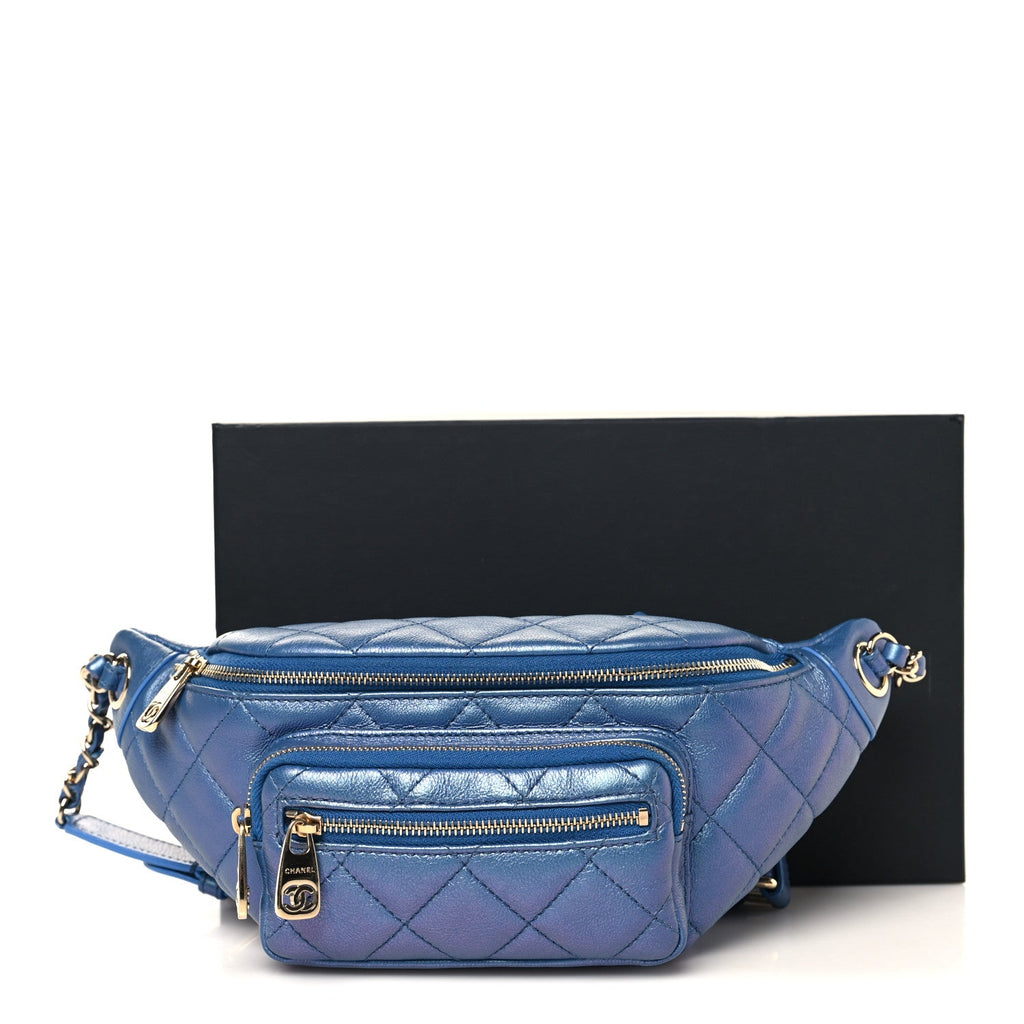 Chanel Iridescent Calfskin Quilted All About Waist Belt Bag Dark Blue